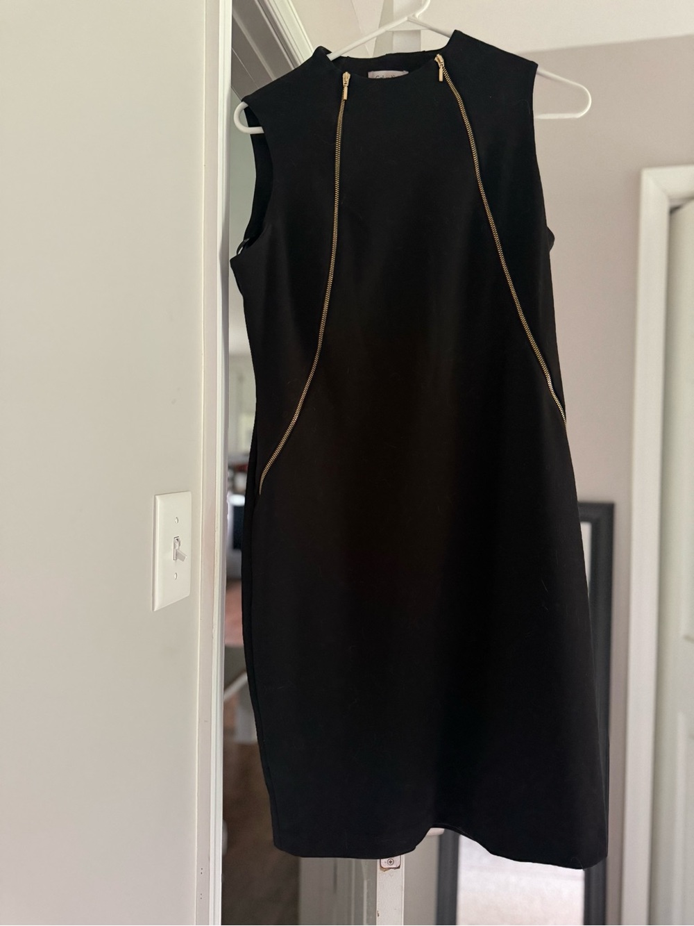 Calvin Klein Sleeveless Black Mockneck Shift Dress with Gold Zipper Detail